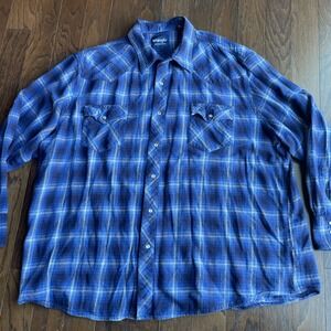 Wrangler‎ Wrancher Shirt Men Blue Plaid Western Long Sleeve Pearl Snap Size 3XL